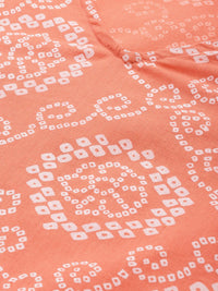 Anouk Women Coral Orange & White Bandhani Printed V-Neck Pure Cotton Straight Kurta