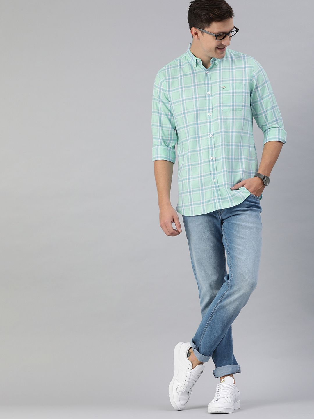 THE BEAR HOUSE Men Sea Green & Blue Slim Fit Checked Casual Shirt