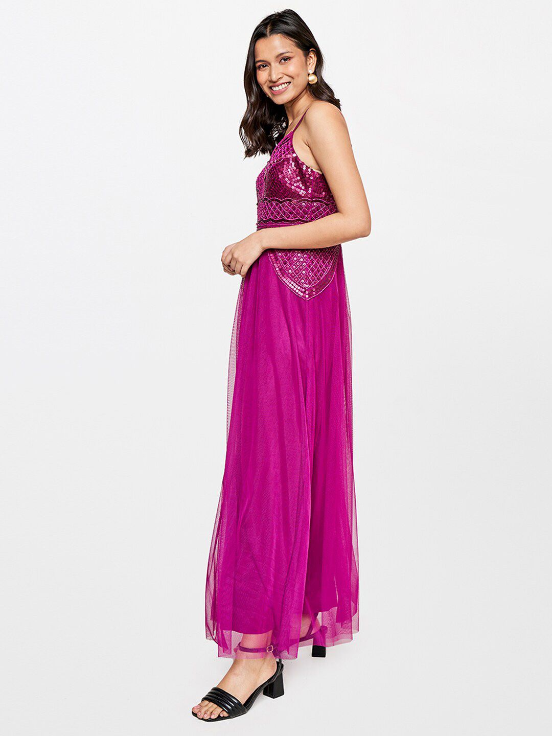 AND Magenta Embellished Shoulder Strap Maxi Dress