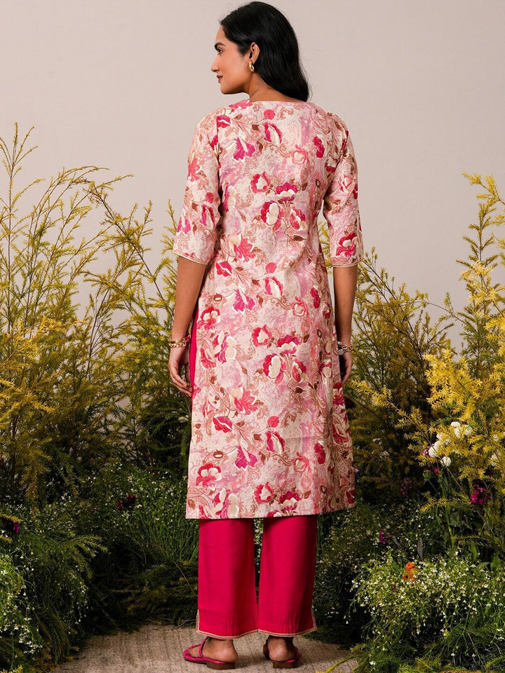 Libas Pink Floral Printed Straight Three-Quarter Sleeves Gotta Patti Kurta With Palazzo