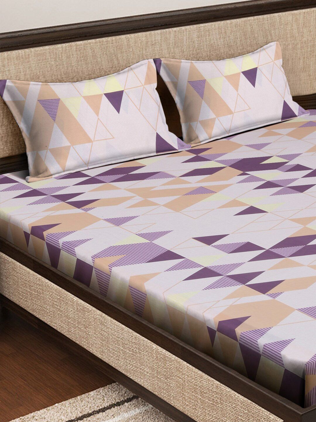 KLOTTHE Green Geometric Printed Dilengkapi 400 TC Kapas Cadar King & 2 Sarung Bantal