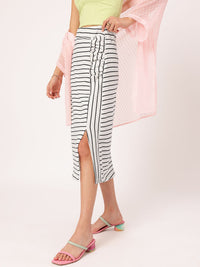 DressBerry Minimal Mono Side-Slit Comfy Cotton Striped Straight Skirt