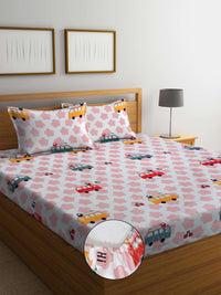 Myntra Elegant Homes White Conversational Polycotton 300 TC Fitted King Fine Bedsheet dengan 2 Sarung Bantal-98 x 87 inci
