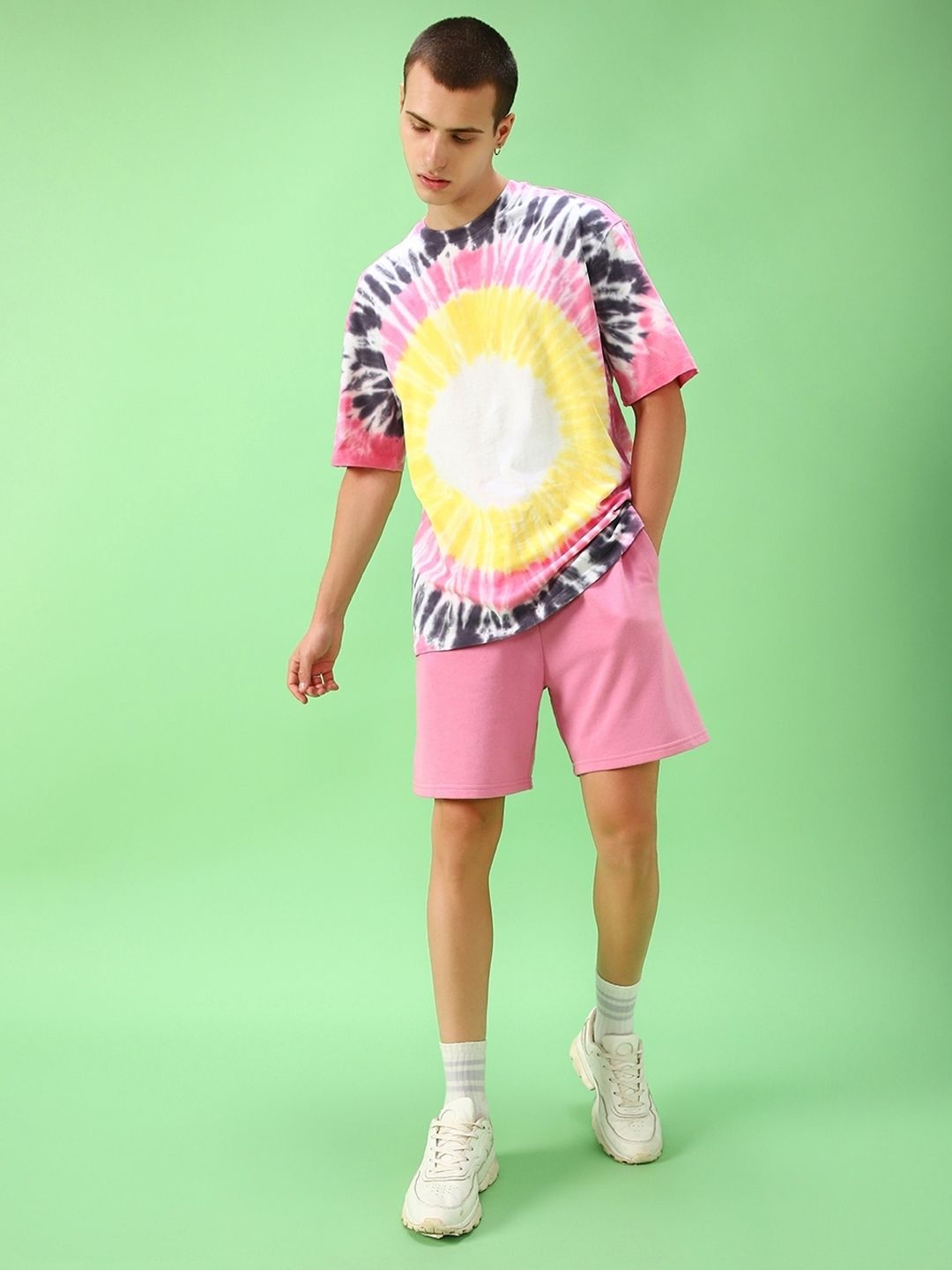 Bewakoof Yellow Tie & Dye Drop-Shoulder Sleeves Pure Cotton Oversized T-shirt