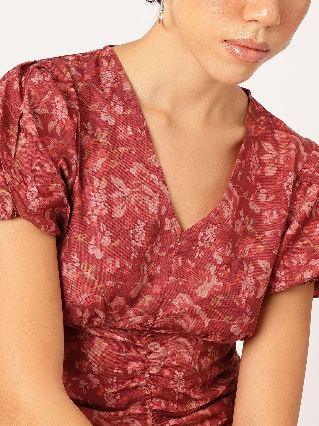 DressBerry Terracotta Tones Floral Femme Ruched Mini Dress
