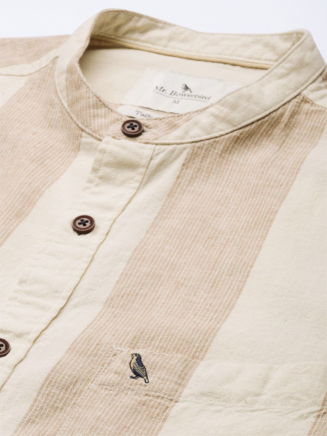 Mr Bowerbird Men Brown & Off White Tailored Fit Striped Cotton Linen Casual Shirt