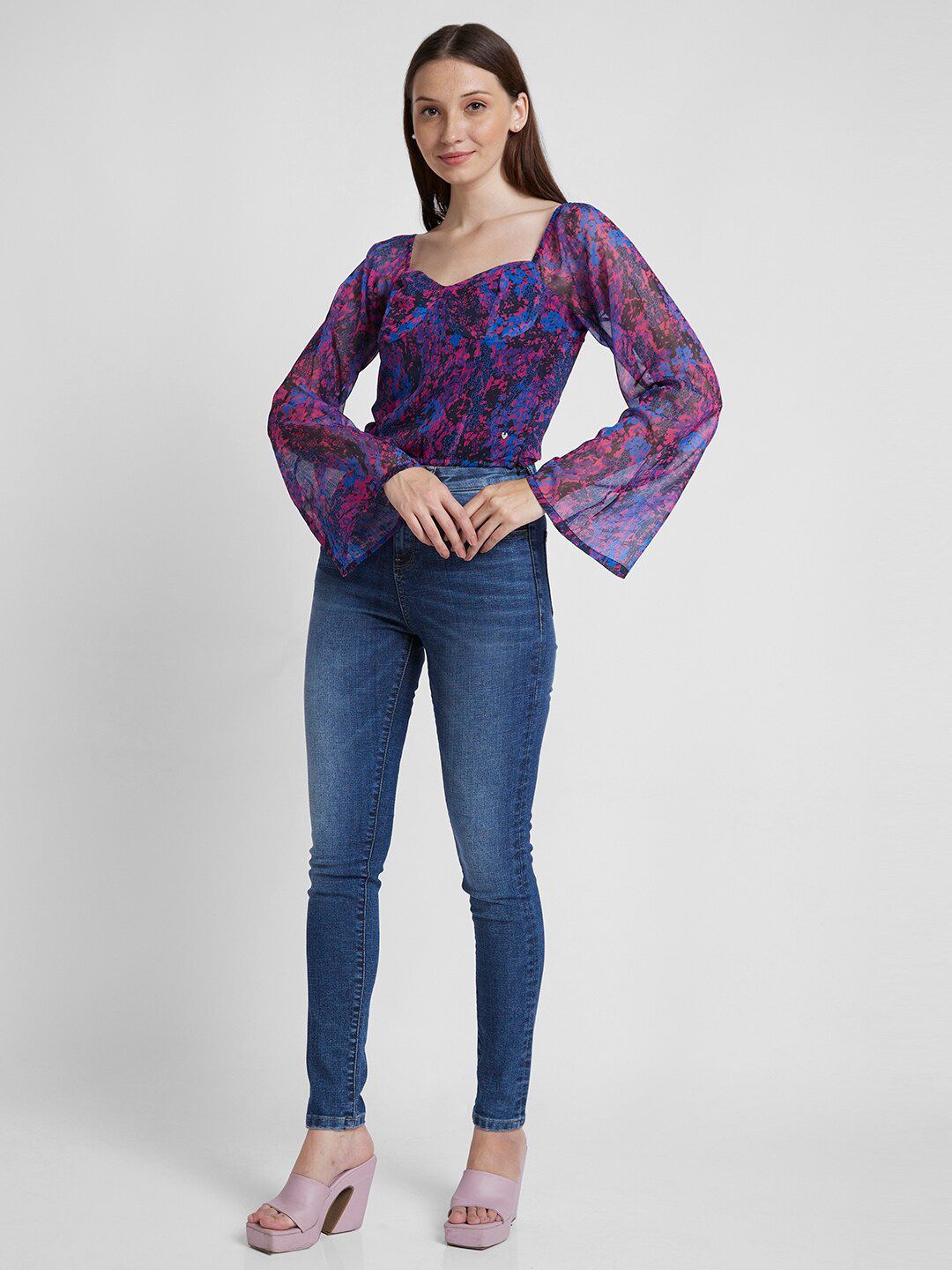 SPYKAR Abstract Printed Sweetheart Neck Bell Sleeves Cotton Crop Top