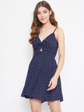Berrylush Navy Blue Printed Crepe Fit and Flare Dress