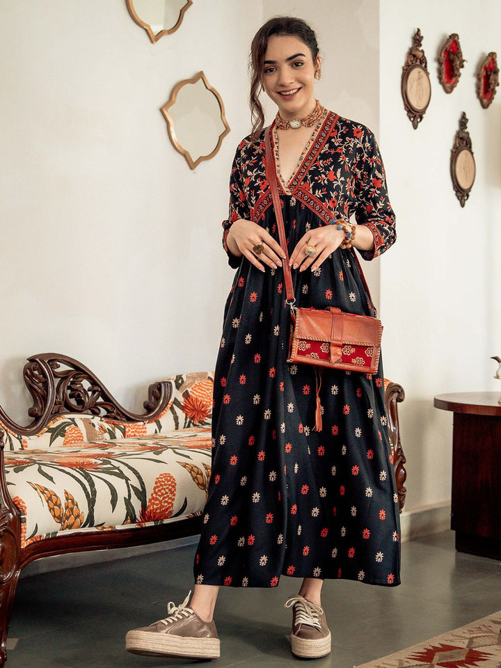 Rustorange Black & Orange Ethnic Motifs Printed Maxi Dress
