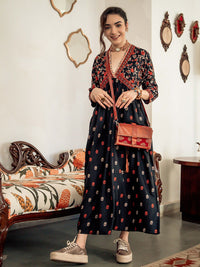 Rustorange Black & Orange Ethnic Motifs Printed Maxi Dress