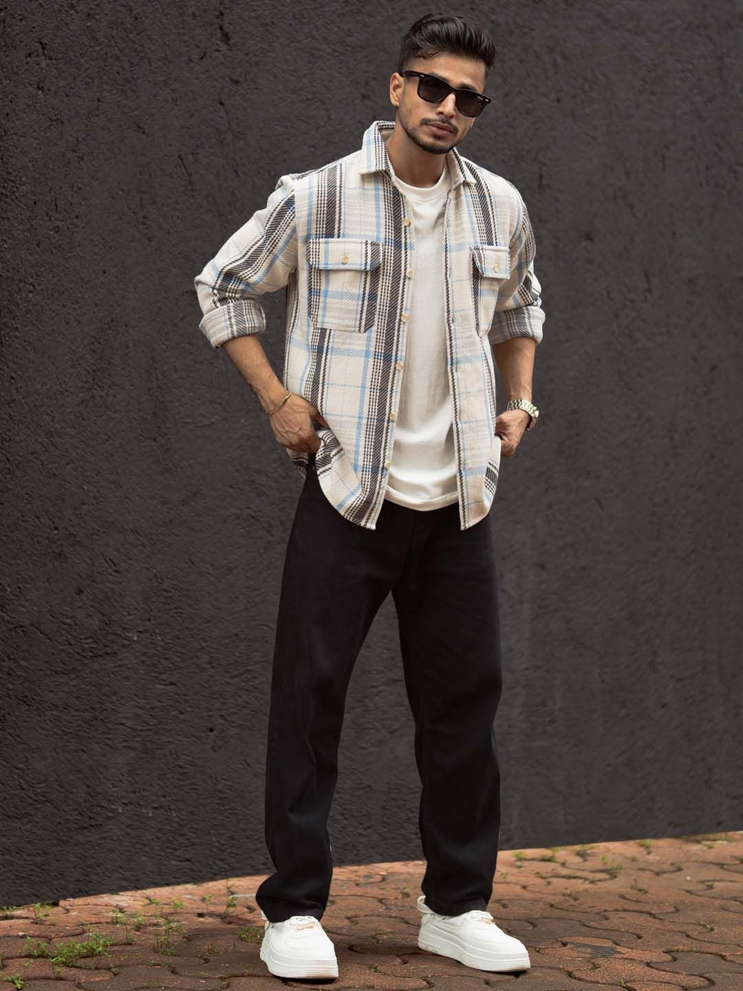Powerlook Men Spread Collar Tartan Checked Cotton Casual Shirt