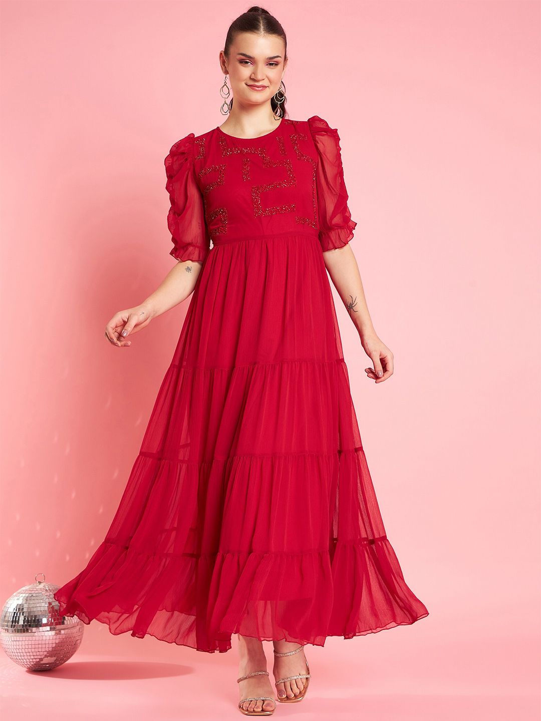 Antheaa Embellished Puff Sleeve Chiffon Maxi Dress