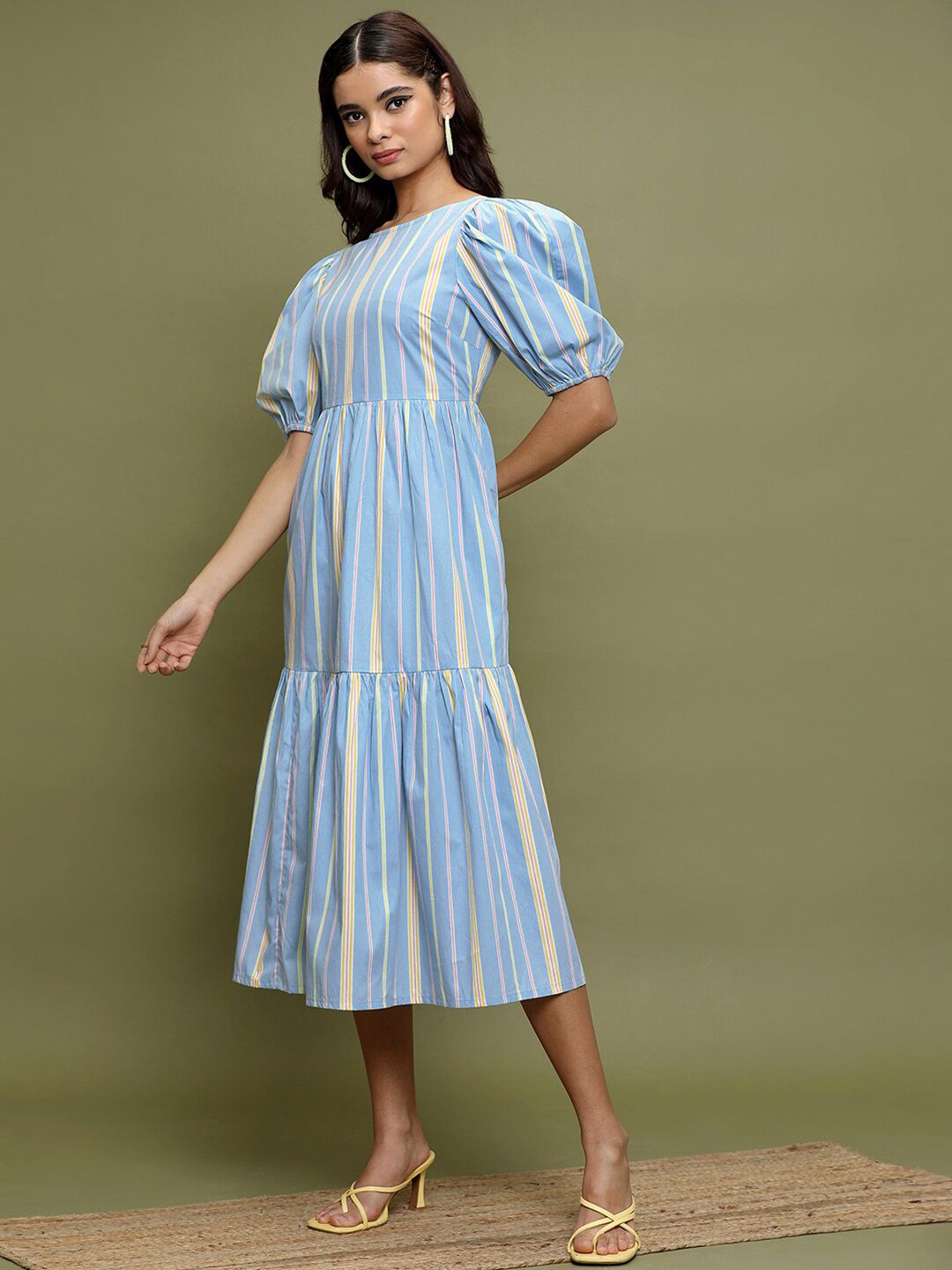 Vishudh Striped Puff Sleeves Gathered Cotton A-Line Midi Dress