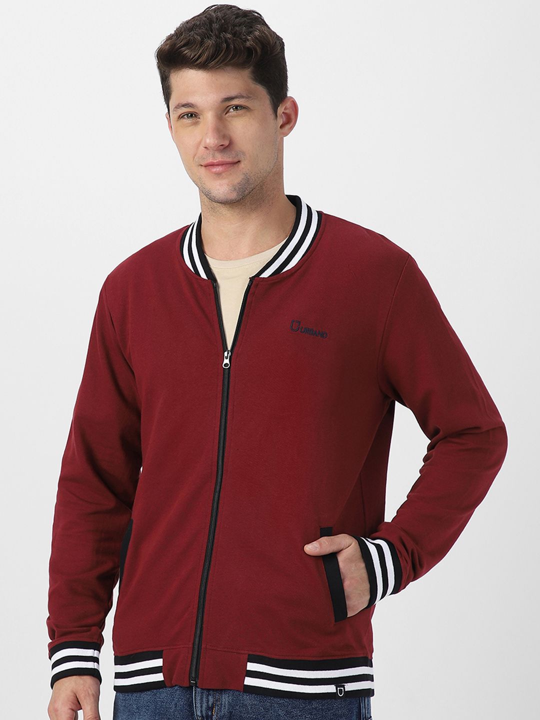 Urbano Fashion Men Cotton Zippered Varsity Jacket