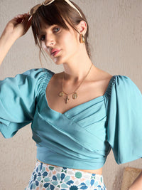 SASSAFRAS Teal Blue Puff Sleeves V-Neck Crop Top & Trouser
