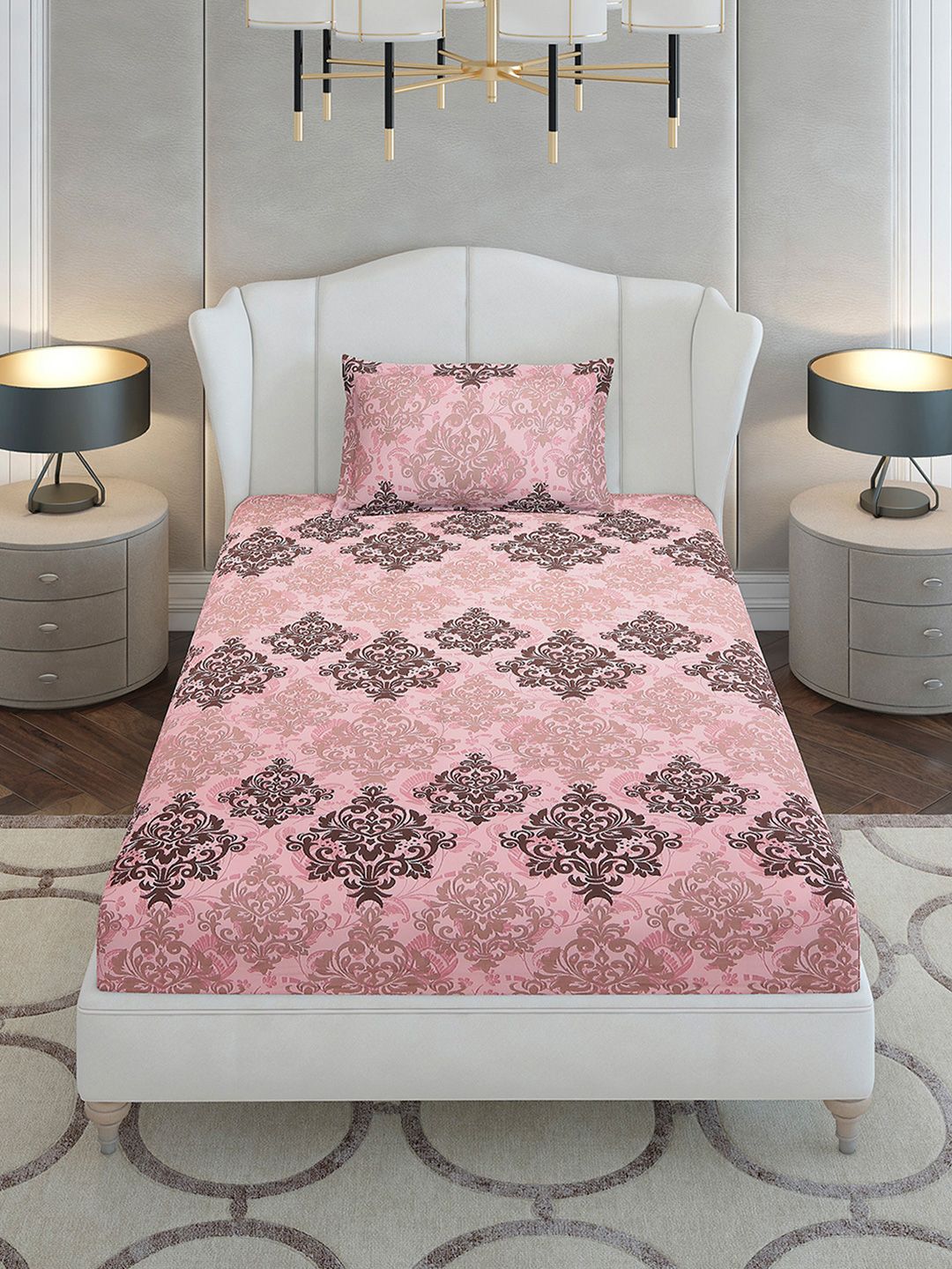 Monte Carlo Pink & Brown Floral Printed 104 TC Single Bedsheet Set 2.24 m x 1.52 m