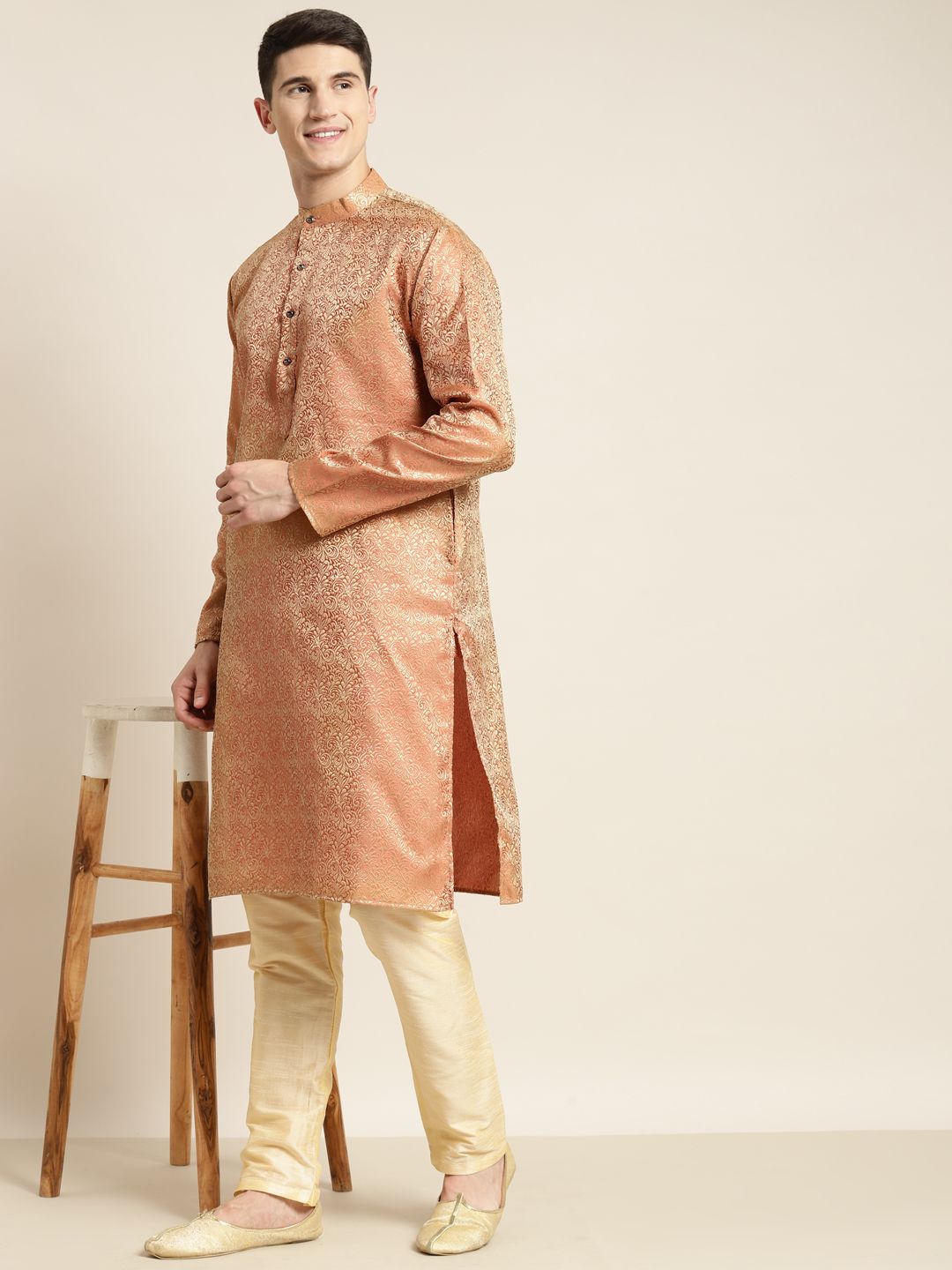 SOJANYA Lelaki Rust Orange & Gold-Toned Jacquard Silk Kurta