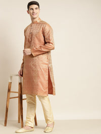 SOJANYA Lelaki Rust Orange & Gold-Toned Jacquard Silk Kurta