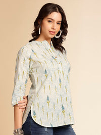 Anouk Off White Botanical Printed Mandarin Collar Pure Cotton Short Kurti