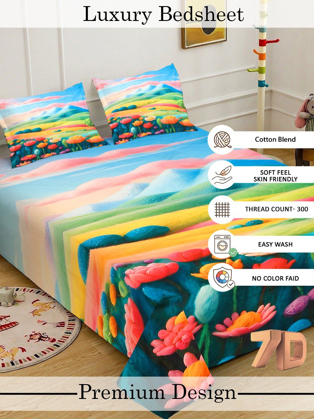 Watak Kartun Myntra Elegant Homes Biru & Merah Jambu 300 TC Cadar Katil King dengan 2 Sarung Bantal