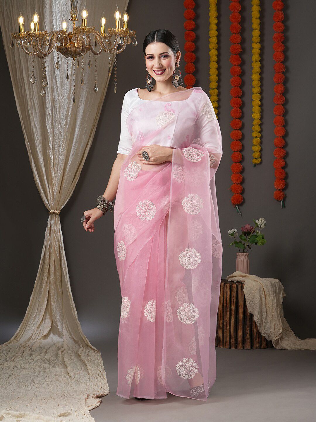 Saree mall Pink & White Floral Organza Banarasi Sarees
