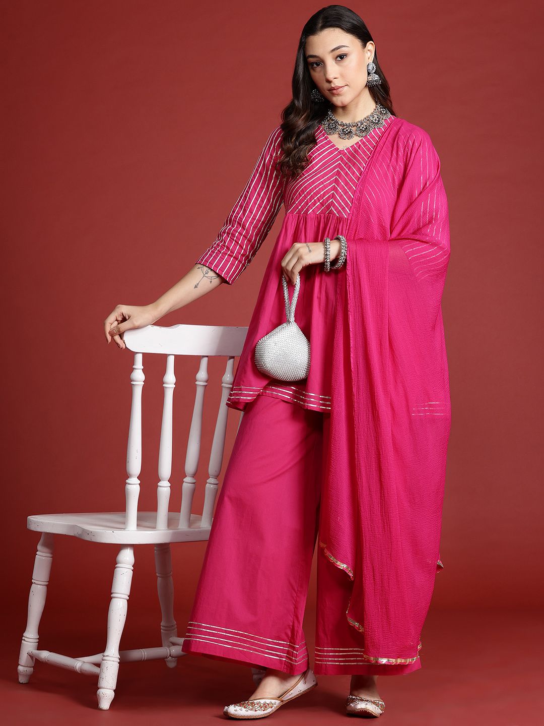 Anouk Tyohar Collection Pleated Gotta Patti Pure Cotton Kurti with Palazzos & With Dupatta