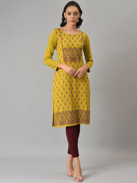 W Women Green Paisley Embroidered Keyhole Neck Flared Sleeves Kurta