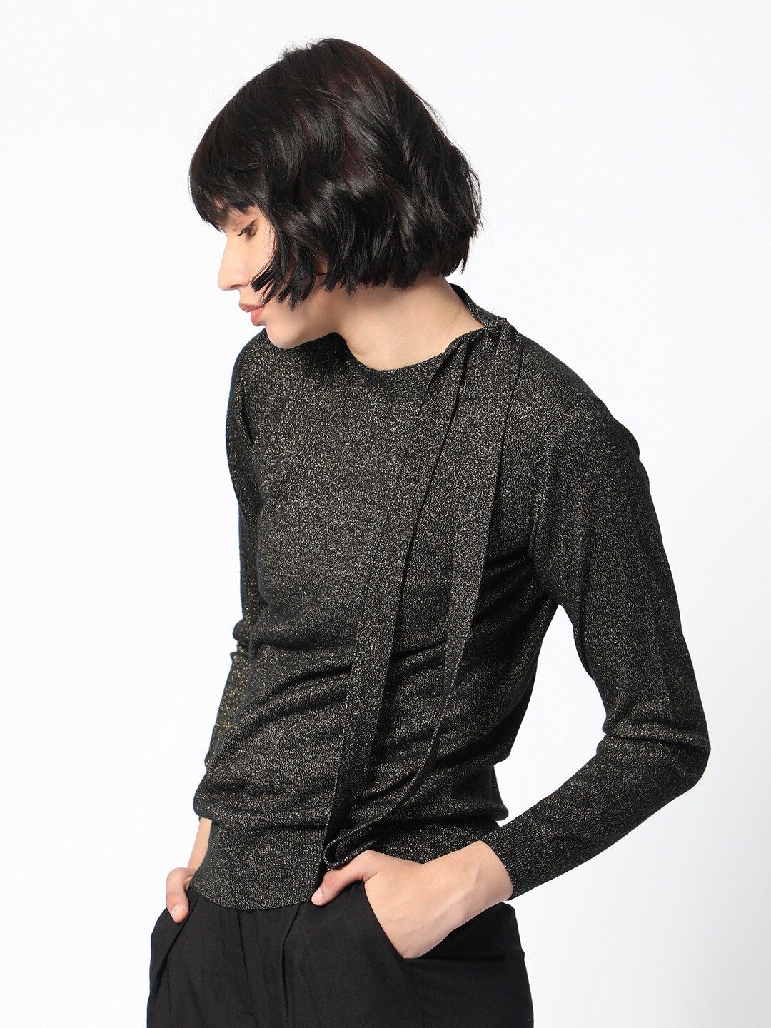 RAREISM Self Design Tie Ups Detail Long Sleeves Shimmer Top