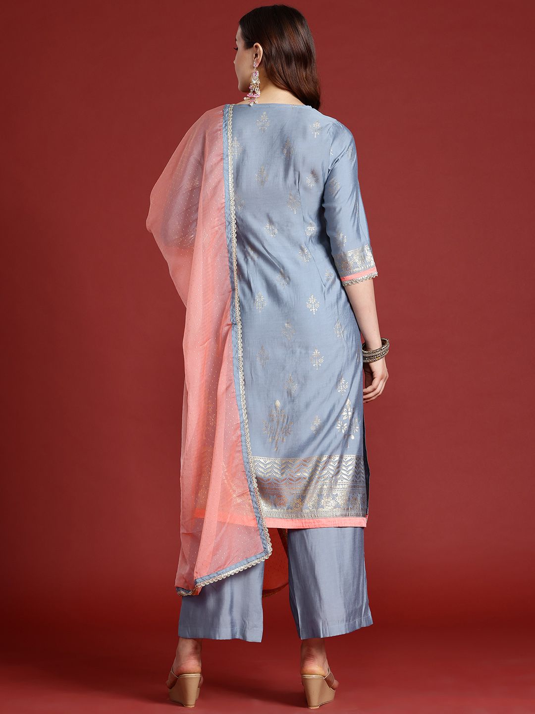 Anouk Printed Thread Work Kurta with Palazzos &  Dupatta