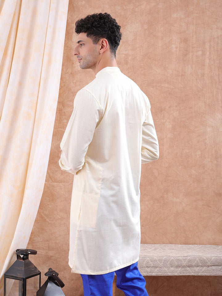 The Indian Garage Co Men Cream-Coloured Printed Detail Layered Kurta