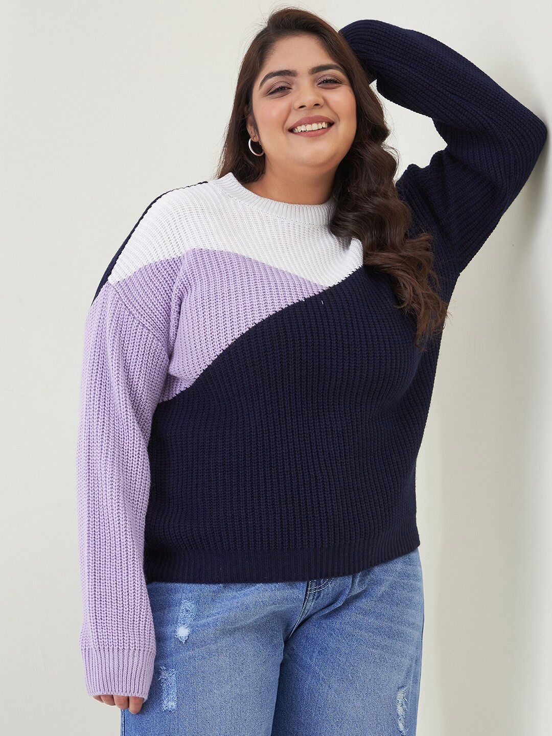 CURVY STREET Women Plus Size Colourblocked Acrylic Pullover