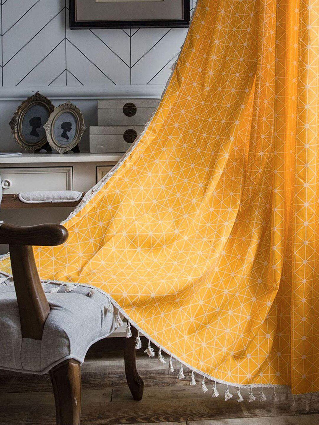 URBAN SPACE Boho Yellow & White Geometric Printed Cotton Long Door Curtain
