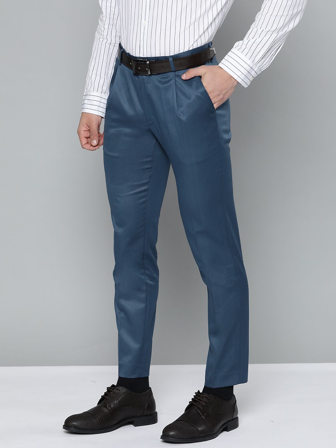 DENNISON Men Teal Blue Smart Tapered Fit Pleated Trousers