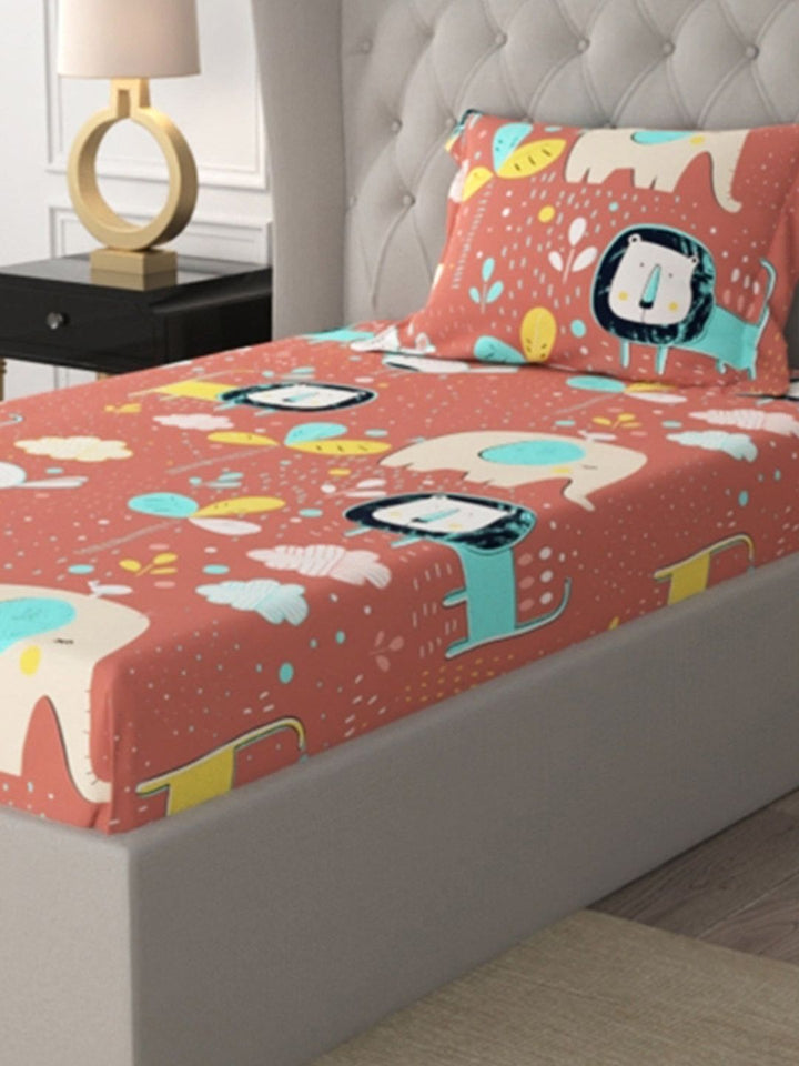 URBAN SPACE Orange Cartoon Characters 200 TC Cotton Single Bedsheet & 1 Pillow Cover