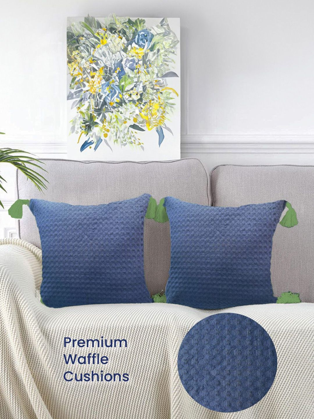 URBAN SPACE Navy Blue & Green 2 Pieces Checked Pure Cotton Square Cushion Covers