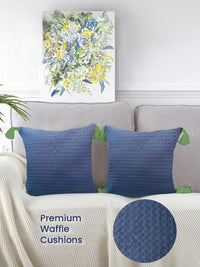 URBAN SPACE Navy Blue & Green 2 Pieces Checked Pure Cotton Square Cushion Covers