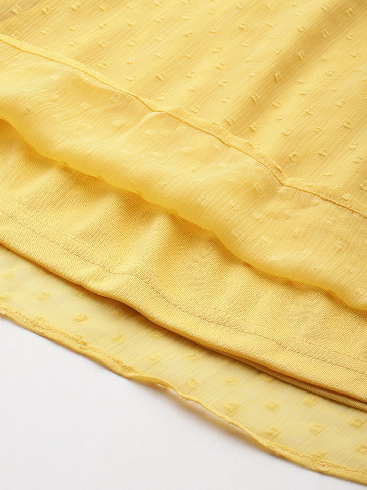 AND Yellow Self Design Tie-Up Neck Fit & Flare Dress