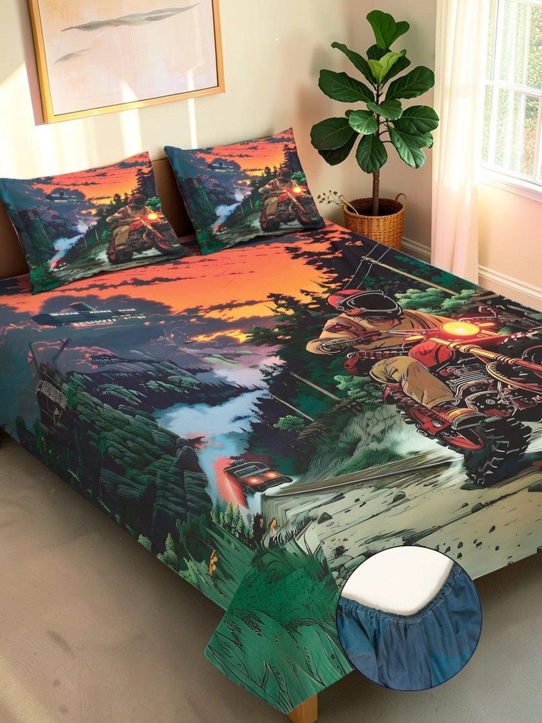 Moda Rapido X KLOTTHE Green & Orange Graphic 400 TC King Bedsheet with 2 Pillow Covers