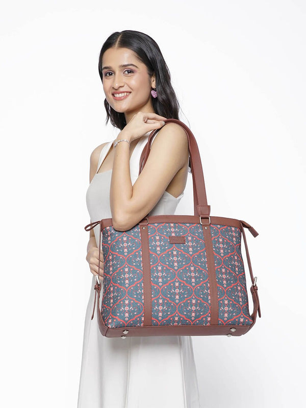 ZOUK Navy Blue Ethnic Motif Structured Laptop Tote Bag