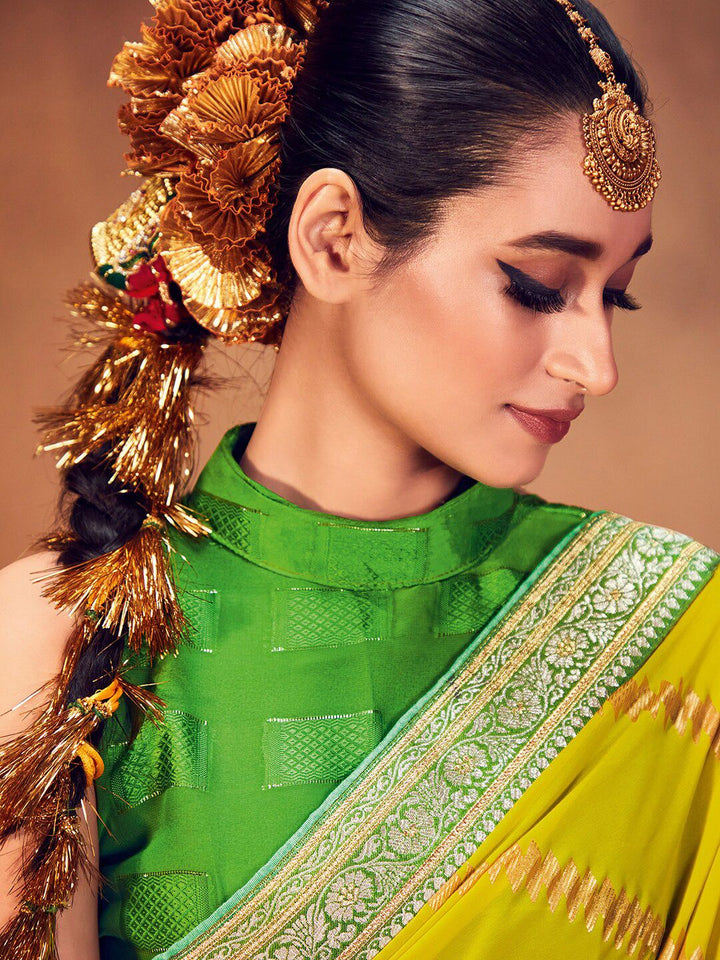 Saree mall Yellow & Green Woven Design Pure Georgette Sarees