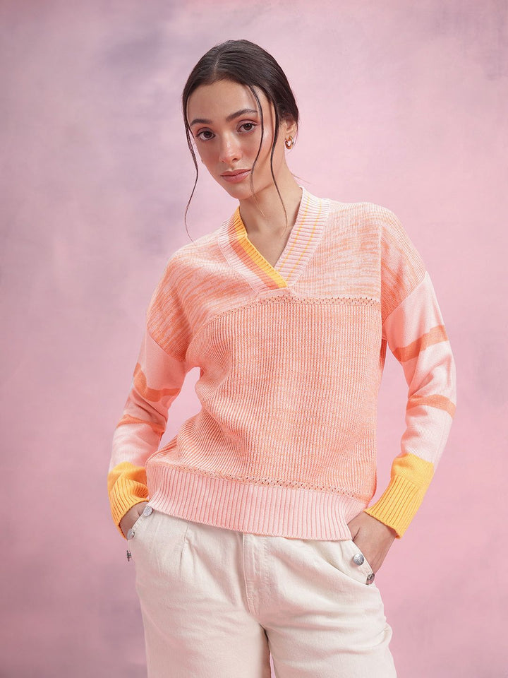 DressBerry Self Striped V-Neck Pullover
