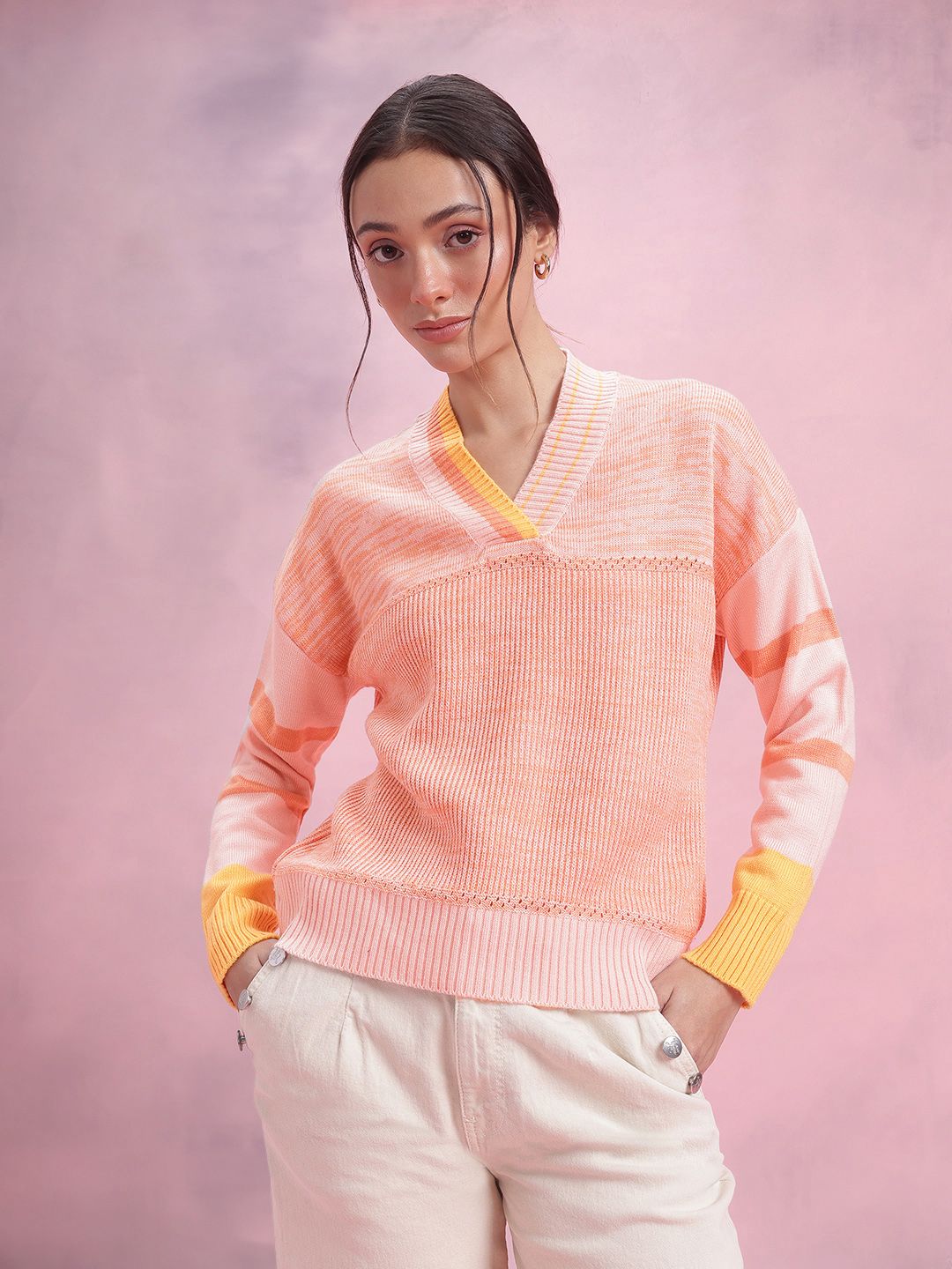 DressBerry Self Striped V-Neck Pullover