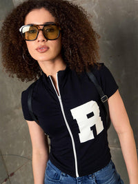SASSAFRAS Women Typography Printed High Neck Pockets Slim Fit T-shirt