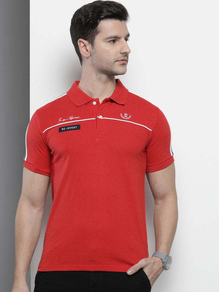 The Indian Garage Co Men Red Solid Polo Collar Applique Detail Slim Fit T-shirt