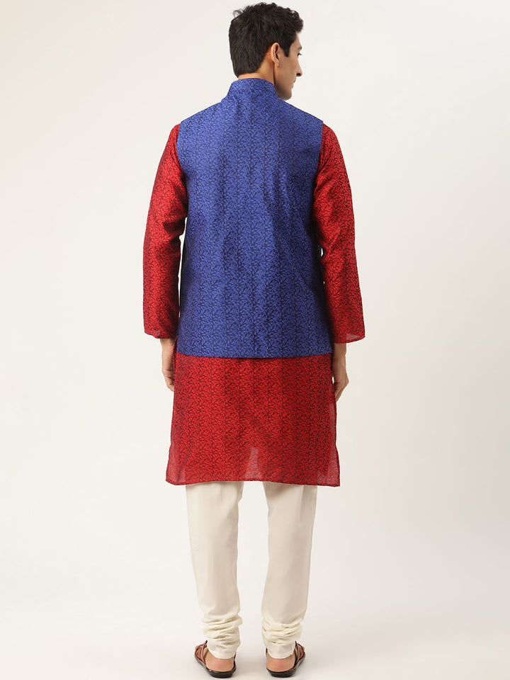 SOJANYA Men Maroon Jacquard Silk Kurta with Churidar & Nehru Jacket