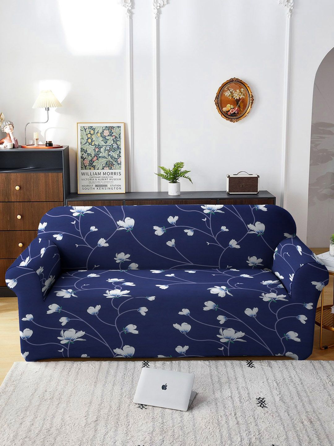 Cortina Navy Blue & White Floral Printed 3-Seater Sofa Cover