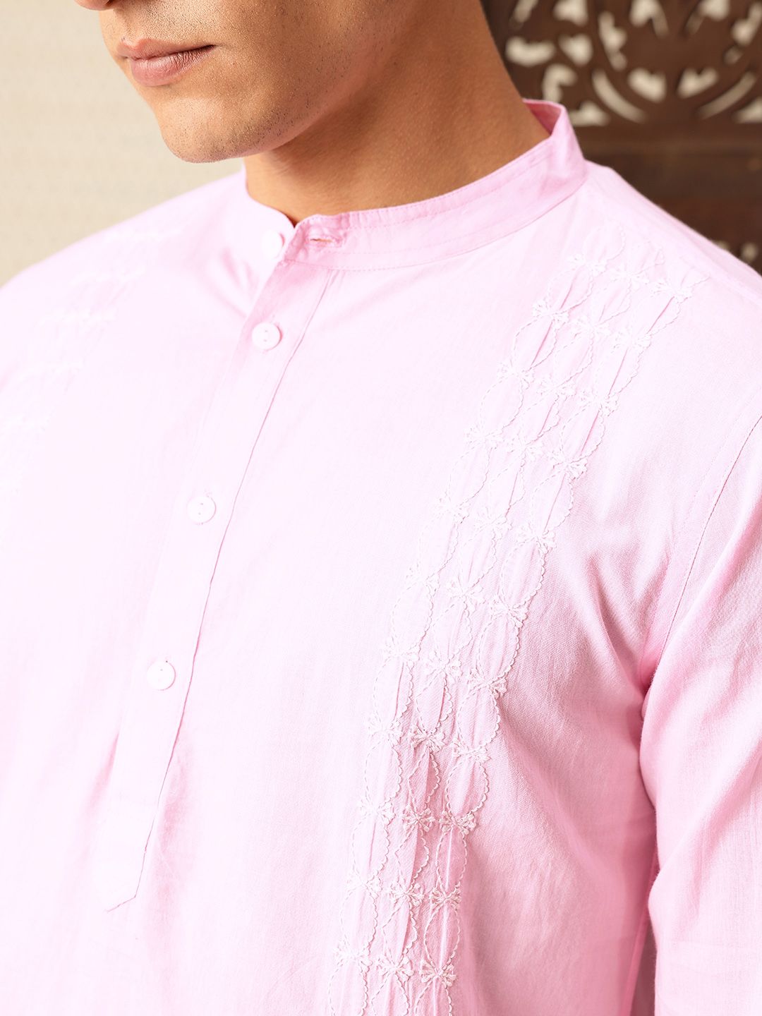 House of Pataudi Floral Embroidered Band Collar Pure Cotton Jashn Kurta