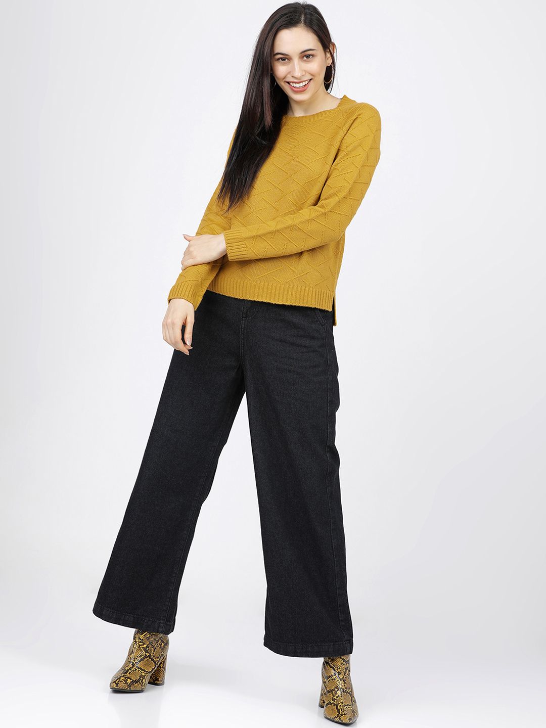 Tokyo Talkies Women Mustard Self Design Sweater