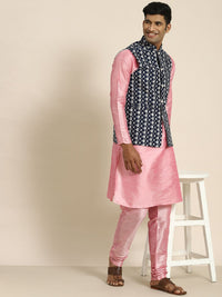 SOJANYA Men Pink Embroidered Kurta with Churidar