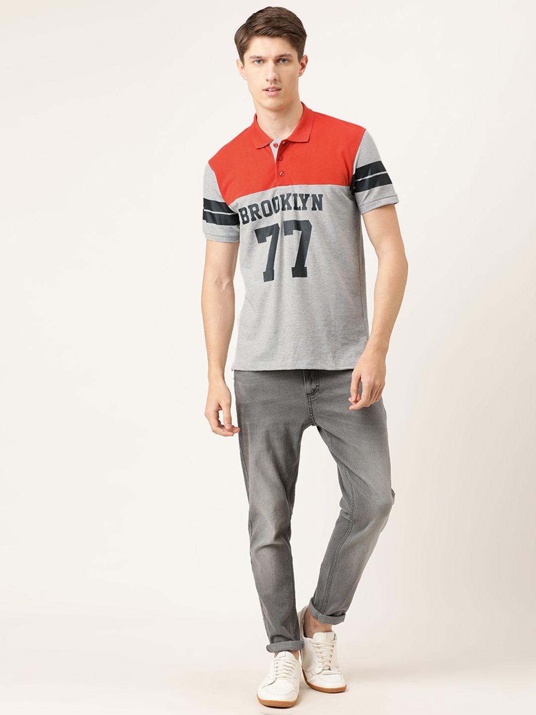 The Indian Garage Co Men Grey Melange & Orange Printed Polo Collar T-shirt